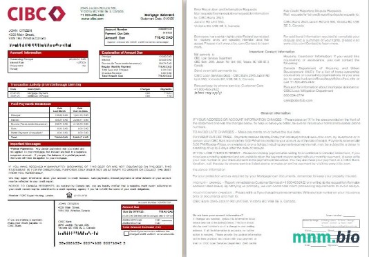 Kanada Bank CIBC wyciąg z kredytu hipotecznego, 2 strony, 1-2